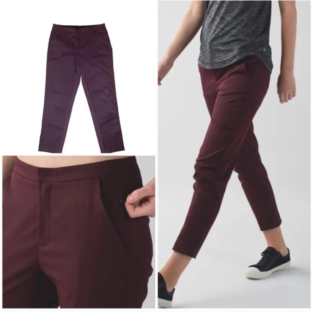EUC Sz 2 Lululemon Pants & Go burgundy Mid Rise cropped City Trek trousers